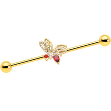 Load image into Gallery viewer, 14G Red CZ Gem Gold Tone Drama Butterfly Industrial Barbell 38mm