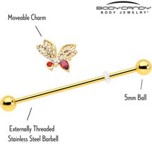 Load image into Gallery viewer, 14G Red CZ Gem Gold Tone Drama Butterfly Industrial Barbell 38mm