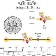 Load image into Gallery viewer, 14G Red CZ Gem Gold Tone Drama Butterfly Industrial Barbell 38mm