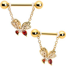 Load image into Gallery viewer, 14G 9/16 Red CZ Gem Gold Tone Drama Butterfly Dangle Nipple Ring Set