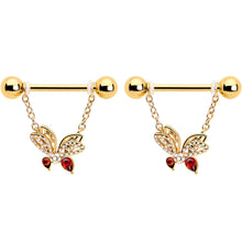 Load image into Gallery viewer, 14G 9/16 Red CZ Gem Gold Tone Drama Butterfly Dangle Nipple Ring Set