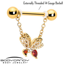 Load image into Gallery viewer, 14G 9/16 Red CZ Gem Gold Tone Drama Butterfly Dangle Nipple Ring Set