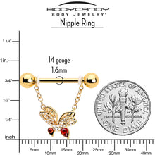 Load image into Gallery viewer, 14G 9/16 Red CZ Gem Gold Tone Drama Butterfly Dangle Nipple Ring Set