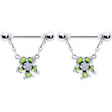 Load image into Gallery viewer, 14G 9/16 Clear CZ Gem Go Green Flower Chain Dangle Nipple Ring Set
