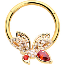 Load image into Gallery viewer, 16G 3/8 Red CZ Gem Gold Tone Drama Butterfly Hinged Segment Ring
