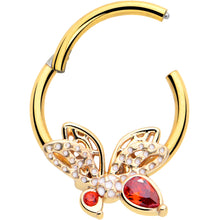 Load image into Gallery viewer, 16G 3/8 Red CZ Gem Gold Tone Drama Butterfly Hinged Segment Ring