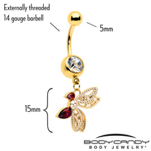 Load image into Gallery viewer, Red CZ Gem Gold Tone Drama Butterfly Dangle Belly Ring