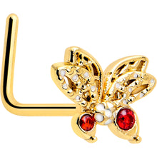 Load image into Gallery viewer, 20G 7mm Red CZ Gem Gold Tone Drama Butterfly L Shape Nose Ring