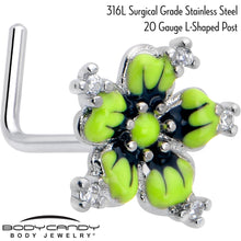 Load image into Gallery viewer, 20G 7mm Clear CZ Gem Go Green Flower L Shape Nose Ring