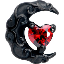 Load image into Gallery viewer, Red CZ Gem Black Scroll Moon Heart Barbell Tongue Ring