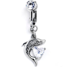 Load image into Gallery viewer, Clear CZ Gem Dolphin Glam Dangle Clip on Fake Belly Ring