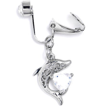 Load image into Gallery viewer, Clear CZ Gem Dolphin Glam Dangle Clip on Fake Belly Ring