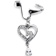 Load image into Gallery viewer, Clear CZ Gem Asymmetrical Heart Dangle Clip On Fake Belly Ring