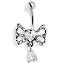 Load image into Gallery viewer, Clear CZ Gem Heart In A Bow Dangle Belly Ring