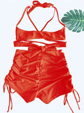 Load image into Gallery viewer, Coastal Curve Halter Bikini Set for Women – V-Neck Crisscross Drawstring Swimsuit with Chic Ring Detail & High-Waisted Boxer Shorts for Summer – Sleek Two-Piece Nylon Swimwear for Women’s Beach & Poolside Style