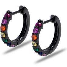Load image into Gallery viewer, 12mm Unisex Black Rainbow Gem Stainless Steel Hinged Huggie Hoop Earrings
