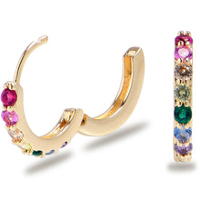 Load image into Gallery viewer, 12mm Unisex Gold Tone Rainbow Gem Stainless Steel Hinged Hoop Huggie Earrings
