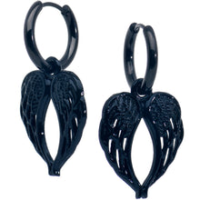 Load image into Gallery viewer, Black Anodized Steel Hinged Huggie Hoop Angel Wings Dangle Earrings