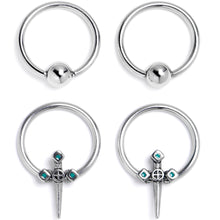 Load image into Gallery viewer, 16G 3/8 Dagger Design Green BCR Captive Ring Set of 4