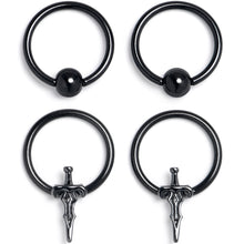 Load image into Gallery viewer, 16G 3/8 Black Medieval Sword BCR Captive Ring Set of 4