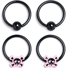 Load image into Gallery viewer, 16G 3/8 Black Skull Crossbones Pink BCR Captive Ring Set of 4