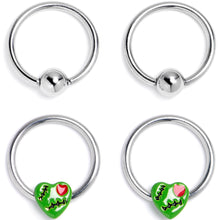 Load image into Gallery viewer, 16G 3/8 Frankenheart Green BCR Captive Ring Set of 4