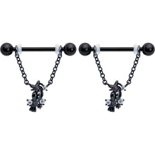 Load image into Gallery viewer, 14G 9/16 Clear CZ Gem Black Raven Witch Dangle Nipple Ring Set