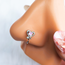 Load image into Gallery viewer, 20G 5/16 Pink CZ Gem Wrapped In Heart Nose Hoop