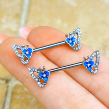 Load image into Gallery viewer, 14G 9/16 Clear Gem Fabulous Butterfly Blue Barbell Nipple Ring Set