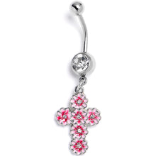 Load image into Gallery viewer, Clear Gem Perfectly Pink Flower Cross Dangle Belly Ring