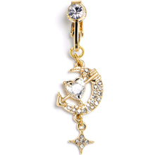 Load image into Gallery viewer, Clear Gem Gold Tone Moon Lover Dangle Clip On Fake Belly Ring