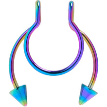 Load image into Gallery viewer, Rainbow Horseshoe Spike Fake Septum Ring Nipple and Clip on Earring