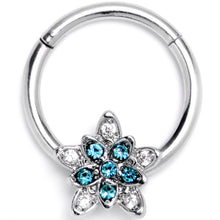 Load image into Gallery viewer, 16G 3/8 Blue Clear CZ Gem Snowflake Flower Hinged Segment Ring