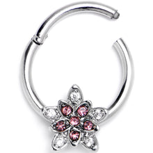 Load image into Gallery viewer, 16G 3/8 Pink Clear CZ Gem Snowflake Flower Hinged Segment Ring