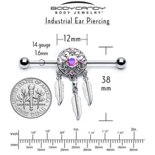Load image into Gallery viewer, 14G Aurora CZ Gem Dreamcatcher Dangle Industrial Barbell 38mm