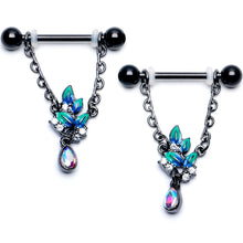 Load image into Gallery viewer, 14G 9/16 Aurora CZ Gem Black Lush Leaves Dangle Nipple Ring Set