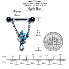 Load image into Gallery viewer, 14G 9/16 Aurora CZ Gem Black Lush Leaves Dangle Nipple Ring Set
