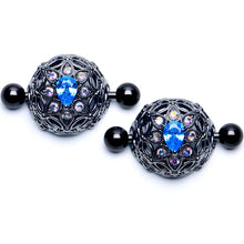 Load image into Gallery viewer, 14G 9/16 Blue Aurora Gem Black Night Blossom Nipple Shield Set