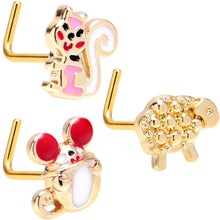 Load image into Gallery viewer, 20G 7mm Gold Tone Pretty Critters L Shape Nose Ring Set of 3