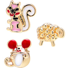 Load image into Gallery viewer, 20G 7mm Gold Tone Pretty Critters L Shape Nose Ring Set of 3