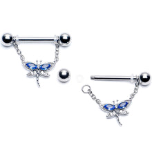 Load image into Gallery viewer, 14G 9/16 Blue CZ Gem Dragonfly Dream Dangle Nipple Ring Set