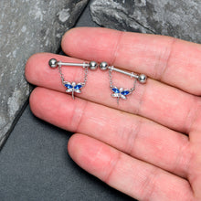 Load image into Gallery viewer, 14G 9/16 Blue CZ Gem Dragonfly Dream Dangle Nipple Ring Set