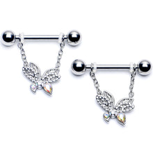 Load image into Gallery viewer, 14G 9/16 Aurora CZ Gem Ultra Drama Butterfly Dangle Nipple Ring Set