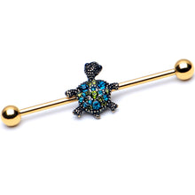 Load image into Gallery viewer, 14G Blue Gem Gold Tone Sweet Sea Turtle Industrial Barbell 38mm