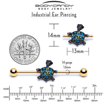 Load image into Gallery viewer, 14G Blue Gem Gold Tone Sweet Sea Turtle Industrial Barbell 38mm