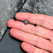 Load image into Gallery viewer, 14G Blue Aurora Gem Black Night Blossom Industrial Barbell 38mm
