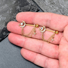 Load image into Gallery viewer, 14G 9/16 Clear Gem Gold Tone Moon Lover Dangle Nipple Ring Set