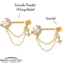 Load image into Gallery viewer, 14G 9/16 Clear Gem Gold Tone Moon Lover Dangle Nipple Ring Set