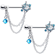 Load image into Gallery viewer, 14G 9/16 Blue CZ Gem Spiderweb Chain Dangle Nipple Ring Set