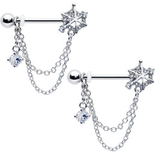 Load image into Gallery viewer, 14G 9/16 Clear CZ Gem Spiderweb Chain Dangle Nipple Ring Set